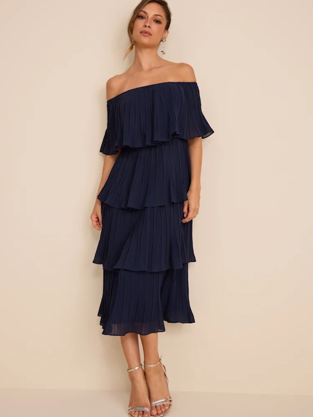 New Navy Off-the-Shoulder Ruffle Midi Dress